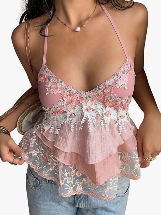 Tops - Floral Lace Trim Pink Tiered Cami Top